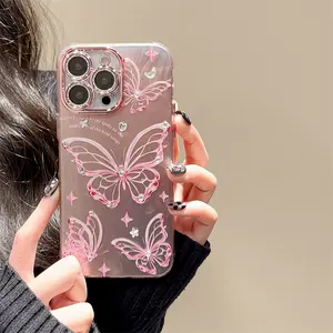 High-end luxury electroplated powder butterfly phone case for iPhone15promax 14pro fall protection case 13promax lens film 12 11