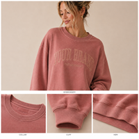 Sweat-shirt personnalisé pour femme en mélange de coton molletonné, effet délavé, broderie ton sur ton, épaules tombantes, poignets côtelés, style décontracté