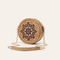Sac bandoulière rond en liège naturel à motif ethnique bohème, rétro, écologique, pour femmes, décontracté, avec chaîne