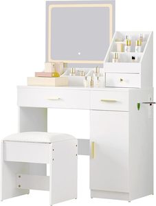 Caja de almacenamiento de maquillaje de tocador blanca con 3 <span class=keywords><strong>cajones</strong></span> Silla cómoda Toma de corriente Soporte para secador de pelo Iluminación LED de 3 colores para dormitorio - Product Image 3