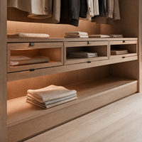 Système de dressing autoportant sur mesure avec armoire en bois clair, porte vitrée, éclairage LED et tringle de suspension pour chambre, dressing ou salle de sport