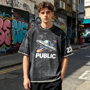 High Quality Custom Casual Acid Wash Digital Print Men's T <b>Shirt</b> Flat Embroidery Loose Stone Wash <b>Patchwork</b> Webbing T-<b>shirt</b> - Product Image 3