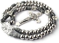 Collier chapelet robuste en paracorde avec perles en acier inoxydable, motif Saint-Michel et Saint-Benoît, pour homme