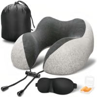 Kit de voyage et de camping personnalisé avec logo, oreiller de cou en mousse à mémoire de forme 100% fibre de bambou tissée en forme de U, masques pour les yeux à motif animal