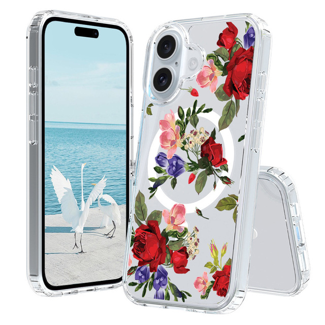 For iPhone 16 Magnetic Floral Phone Case, Women Girls Clear TPU+PC Shockproof Mobile Cover for iPhone 11 12 13 14 15 16 Pro Max