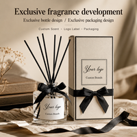 Diffuseur de parfum à bâtonnets transparent OEM avec ruban, 50 ml, senteur Orchidée Noire, avec logo et emballage personnalisés pour les marques hôtelières