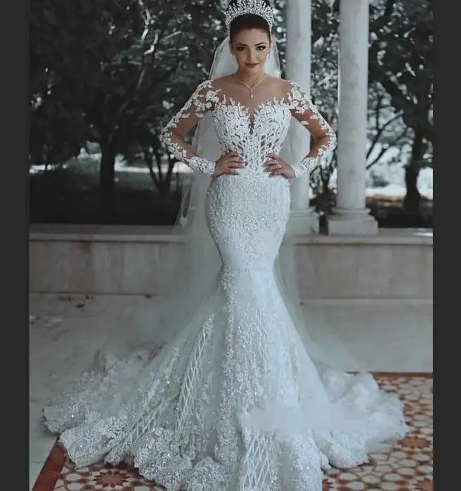 New Long Sleeves Mermaid Wedding Dresses Lace Appliques Sweep Train Custom Made Plus Size Bridal Gowns