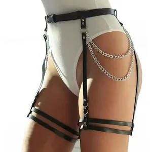 哥特PU皮革吊袜带吊带性感内衣女性身体腿部链丁字裤内衣腰带束缚齿轮成人SM产品