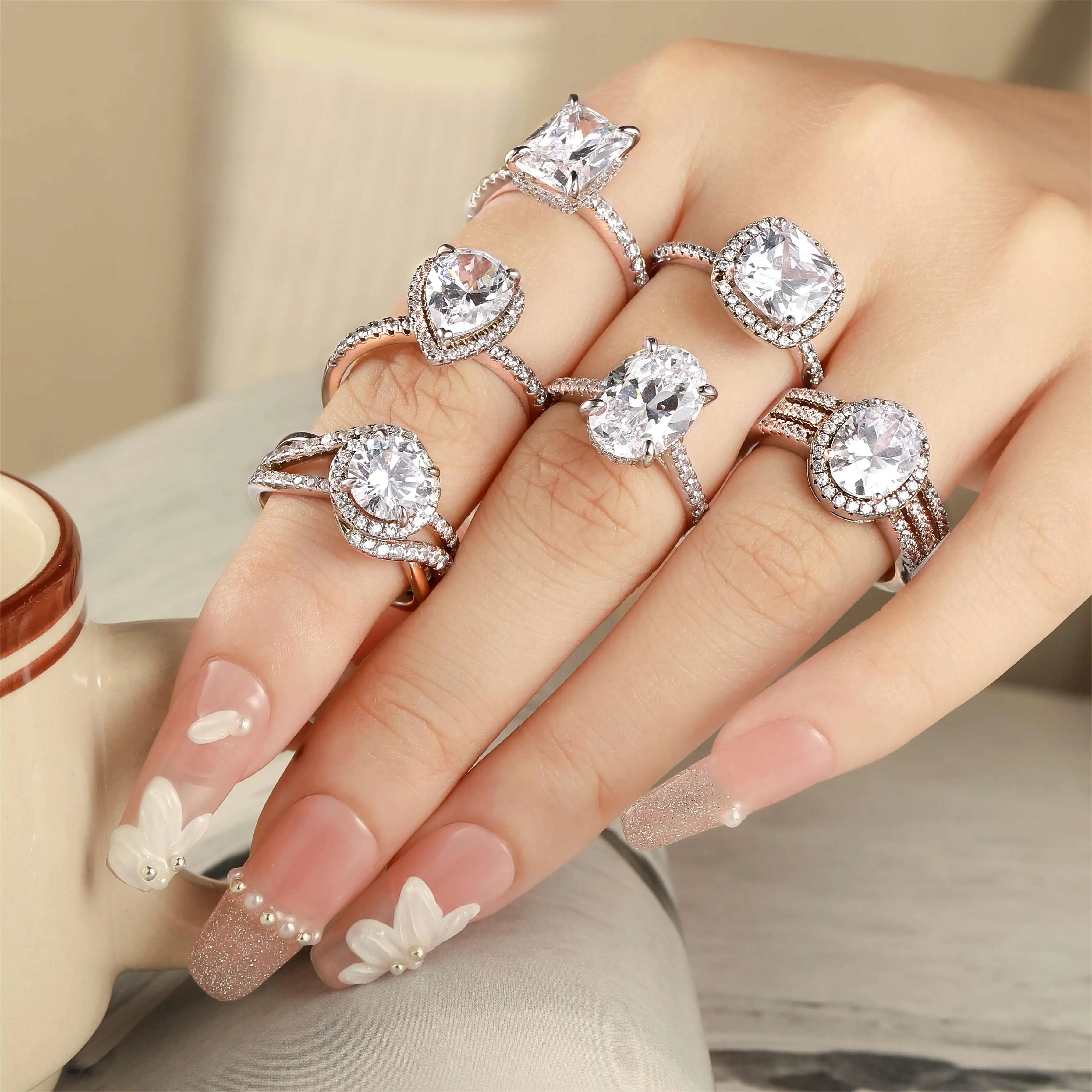 Fashion Show Elegant lab created diamond cz Jewelry Women Girls Silver engagement wedding ring set