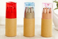 Étuis à crayons de couleur en bois motif OEM tube de papier artisanal couvercle transparent avec ensemble taille-crayon 3.5 pouces crayon de couleur promotionnel