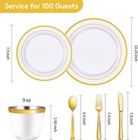 Ensemble de couverts jetables imperméables sans BPA avec bordure dorée, vaisselle en plastique pour 100 invités, vaisselle de fête élégante et classique