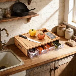 Wooden Cutting <b>Board</b> With Drawers And Grater Rectangle Multifunction For Kitchen Use - Product Image 1