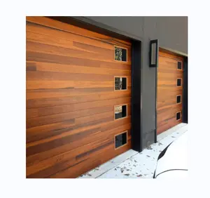 赫尔顿定制尺寸8x7 16x7住宅经典木材镀锌钢板电动车库门，带黑色窗户