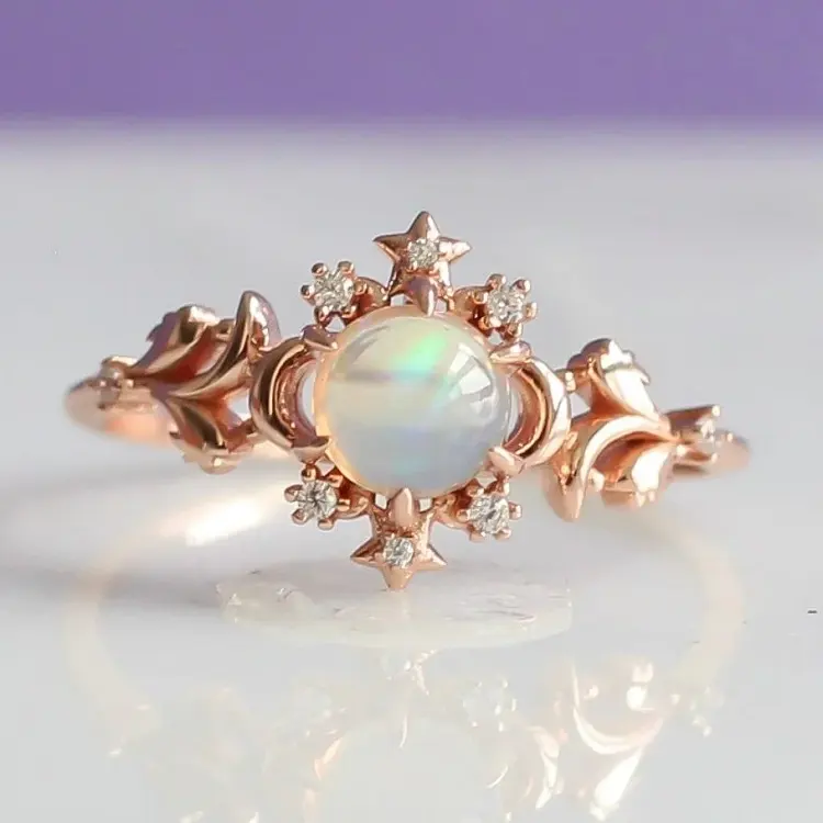 Sößer Stern Halbmond Edelstein Ring 925 reiner Silber-Schmuck Rose vergoldet Ewigkeit Zirkone natürlicher Opal Edelstein Ring