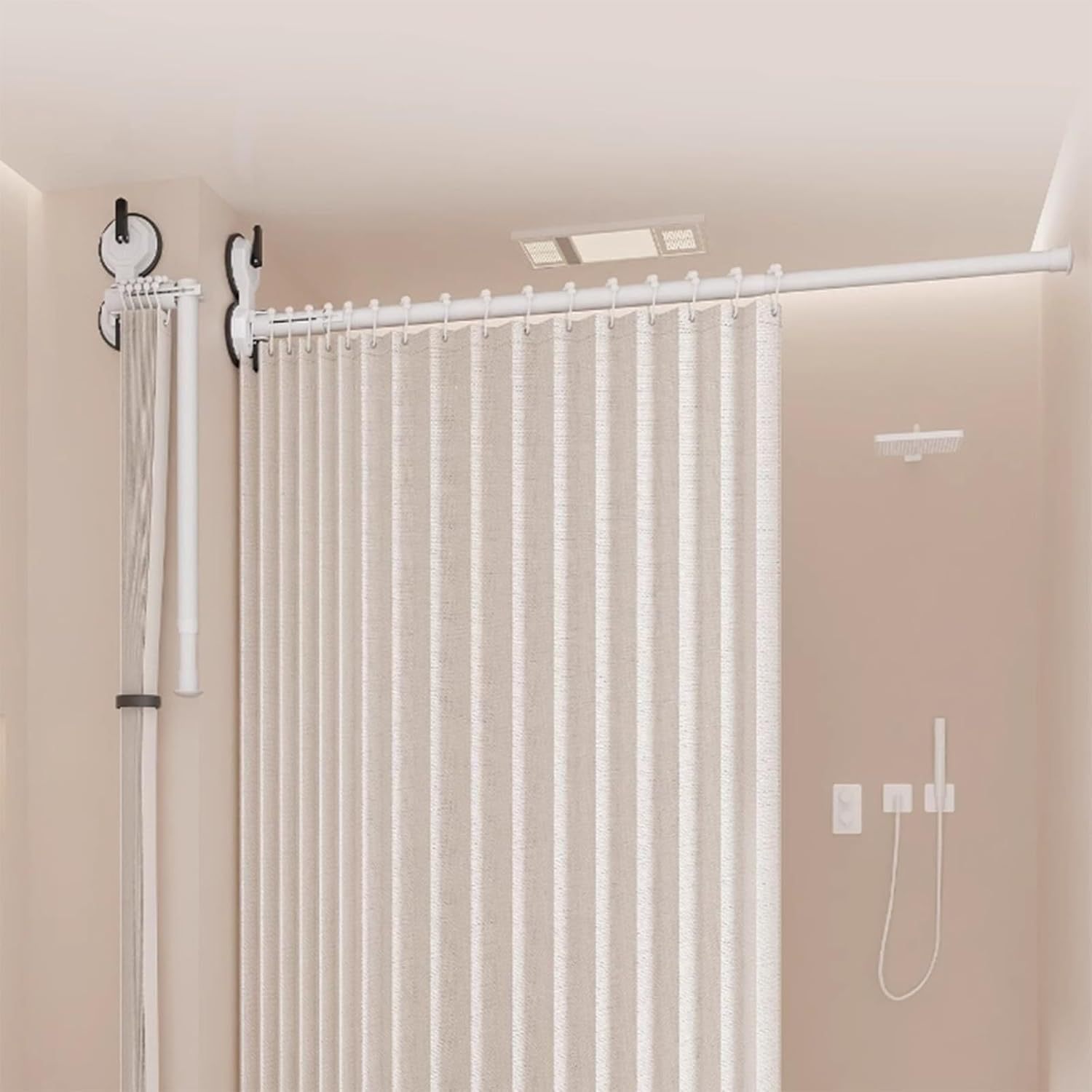 Rideau de Douche Pliable Anti-moisissure avec Tringle en Forme de L/U et Ventouse, sans perçage, en Lin, imperméable, pour Douche d'angle, Blanc, 3 Plis
