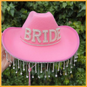 <span class=keywords><strong>Chapeau</strong></span> de cowgirl avec pompon en strass pour mariage, enterrement de vie de jeune fille, chapeaux en feutre avec diamants et perles, chapeaux de cowboy pour douche nuptiale - Product Image 3