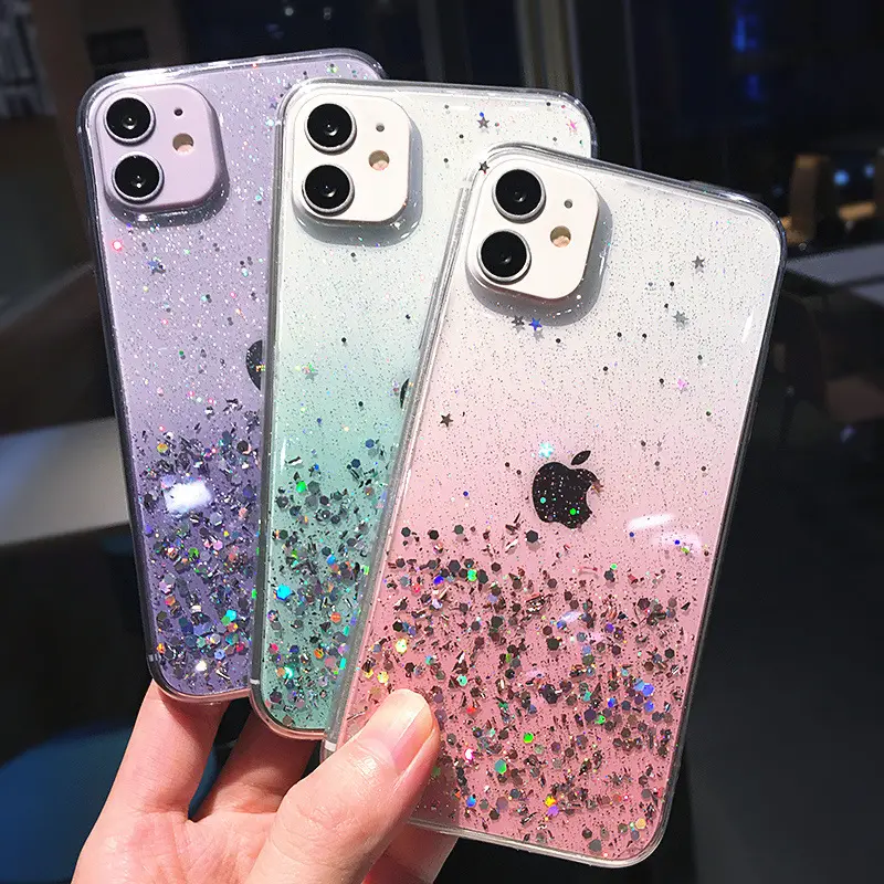 Capa macia para iphone, proteção de iphone 13 12 pro 11 pro max xs max xr x 7 8 plus 12mini se 2020, proteção com glitter transparente para celular