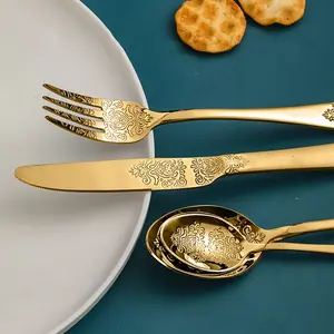 Wholesale 1010 Laser Carving Luxury Golden 430 Stainless Steel Cutlery Set With Gift Box