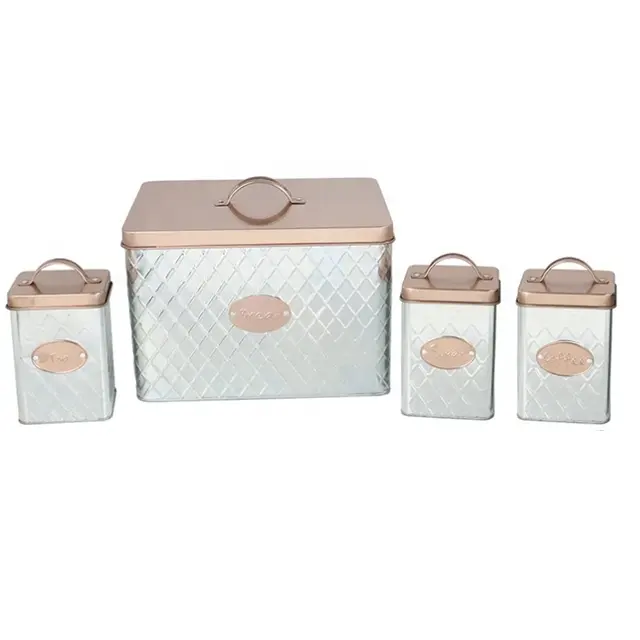 Galvanized Metal 4 Piece Kitchen Food Tin Counter Storage Container Set Bread Box And Tea Sugar Coffee Canister