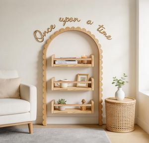 Estantería de pared de madera con diseño de arco festoneado y letrero de madera 'Once Upon a Time', estanterías de exhibición para niños para decoración de guardería y sala de juegos - Product Image 1