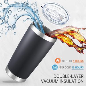 Gobelet isotherme en acier inoxydable de 20 oz avec couvercle, double paroi, isolation sous vide, mug à café noir avec revêtement en poudre, performance thermique de 6 à 12 heures - Product Image 2