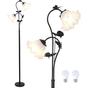 Lámpara de pie floral con base de hierro negro, luz LED y pantalla de acrílico con forma de flor, altura ajustable para sala de estar. - Product Image 1