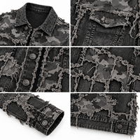 Veste en jean noire délavée pour homme, patchwork camouflage gris, style vintage usé, streetwear, veste trucker, coupe oversize, décontractée