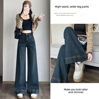 Celana Jeans Denim Wanita Model Kaki Lebar Bordir Retro - Longgar, Menyempurnakan Bentuk Tubuh, Pinggang Tinggi, Efek Cuci Air, Trendi, Panjang hingga Lutut