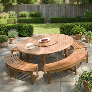 Ensemble de table à manger de jardin ronde en teck massif avec 4 bancs sans dossier incurvés et plateau tournant - Product Image 2