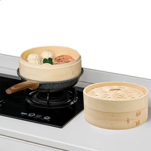 Vaporiera in bambù a 2 livelli con coperchio, diametro 20 cm, per cuocere a vapore gli alimenti - Product Image 5