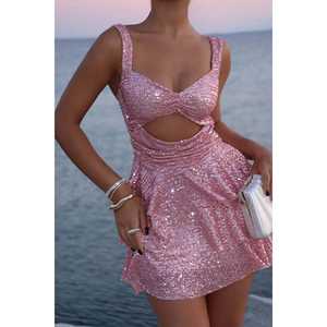 Vestido de Fiesta Corto de Raso Rosa con Lentejuelas en la Espalda, Cintura Imperio, Estilo Romántico, Tirantes Espagueti, Hasta la Rodilla, Talla XS - Product Image 6