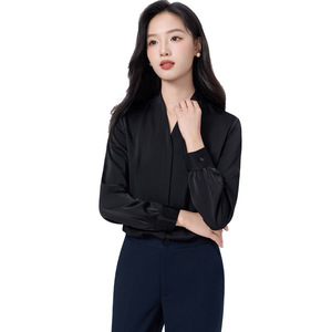 V-neck Shirt For Women Black Long Sleeve Office Wear Polyester Blouse Solid Color Formal Top - Product Image 5