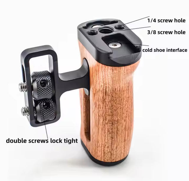 Universal Wood Camera Side Handle Grip Wooden Camera Cage Hand Grip with Cold Shoe Mount for DSLR Mirrorless Camera Video Vlog