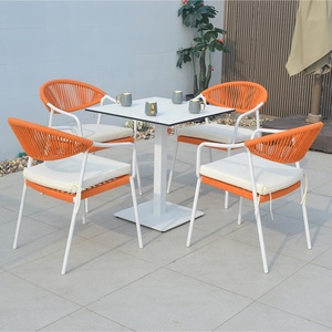 4-Seater Outdoor <b>Garden</b> Dining <b>Table</b> Set Woven Rope Chairs with Stainless Aluminum Base Hotel-Friendly Metal Furniture - Product Image 1
