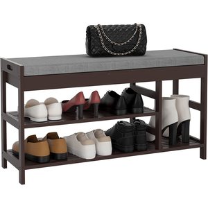 Bamboo Shoe Bench With <b>Cushioned</b> Seat And <b>Storage</b> Space For Entryway Vintage Style Reddish Brown - Product Image 3