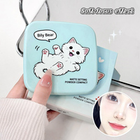 NOUVEAU 2026 Poudre fixante mate compacte avec miroir et houppette, Poudre pressée pour le visage, Design chat mignon, Bleu clair, Étui de maquillage portable