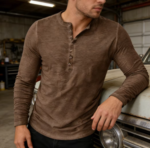 T-shirt Henley à manches longues 100 % coton pour homme - Coupe ajustée, haut uni à boutons pour un style décontracté, respirant et doux - Product Image 1