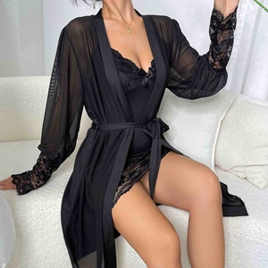 Mulheres Noite Vestido Robe Bordado Laço Banho Vestido Pijama De Seda Pijama Conjuntos - Product Image 2
