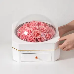 Joyero octogonal grande y creativo, caja de regalo de cúpula acrílica transparente con cajón, joyería preservada con flores