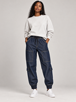 Pantalon cargo en jean pour femme, bleu foncé, taille à cordon de serrage, multi-poches