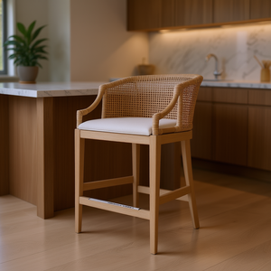 Sgabello da Bancone in Rattan Fatto a Mano, Altezza 25 Pollici, Elegante Arredo per Soggiorno, Sgabello Moderno per Casa con Cuscino in Tessuto - Product Image 2