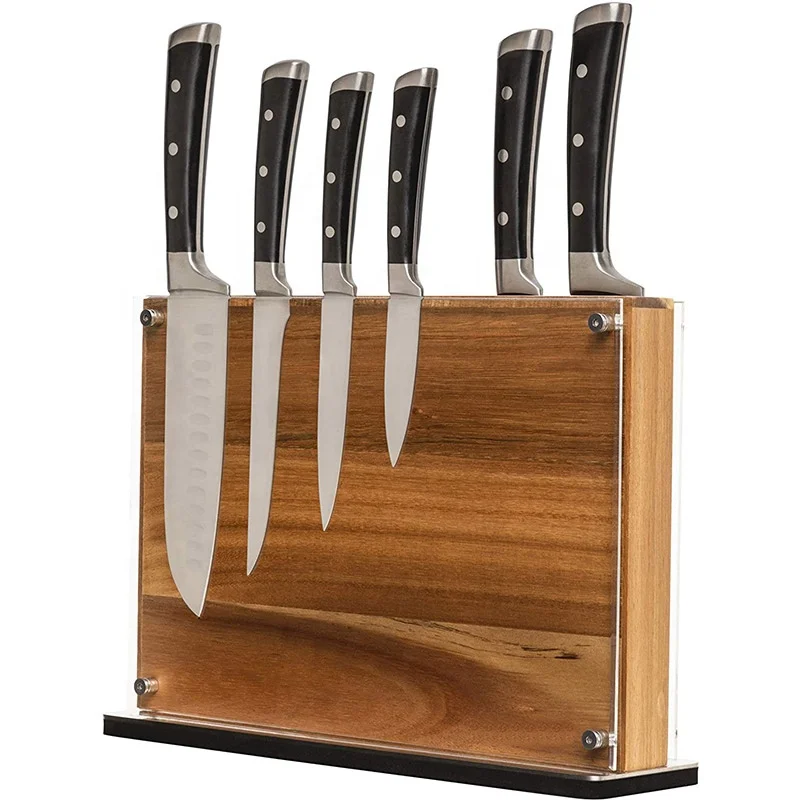 Большой магнитный держатель для ножей-Вмещает 16 + ножей | Деревянный блок для ножей из акации без ножей | Широкий кухонный магнитный держатель для ножей