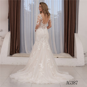 Abito da sposa da sposa con sirena di lusso con maniche a sfera in pizzo bianco a sirena lunga da sposa - Product Image 2