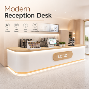 Comptoir de réception incurvé moderne avec éclairage LED, comptoir en bois grainé, logo personnalisé, comptoir de <span class=keywords><strong>caisse</strong></span> pour boutique, salon de beauté - Product Image 1