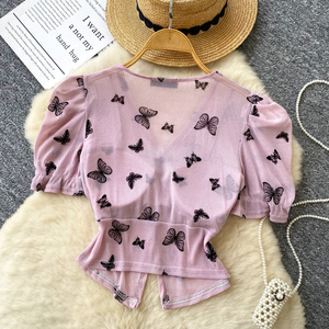 Camicette <span class=keywords><strong>Vintage</strong></span> Estive a Maniche Corte per Donne, Camicie Tinta Unita, <span class=keywords><strong>Top</strong></span> Retrò, Abbigliamento Femminile all'Ingrosso - Product Image 3