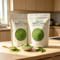 Sachet d'emballage alimentaire en plastique blanc mat avec fermeture éclair pour poudre de thé vert matcha imprimée OEM, pour poudre de thé biologique, 8 oz