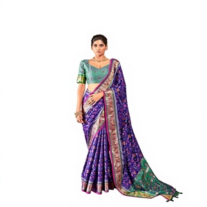 Collection de saris en soie Patola avec blouse contrastante, vêtements de fête indiens et pakistanais doux, imprimé multicolore à effet feuille, Dhwaja Export - Product Image 1