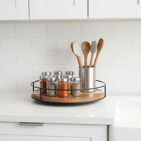 Plateau tournant en bois d'acacia avec bord en métal, 360° °   Organisateur d'épices rotatif pour comptoir, plateau tournant rond pour rangement dans les armoires de cuisine