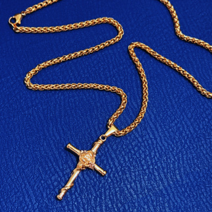 Punk 18k plaqué or bijoux ange aile épée collier pour hommes <span class=keywords><strong>non</strong></span> ternir acier inoxydable rose croix pendentif collier personnalisé - Product Image 4