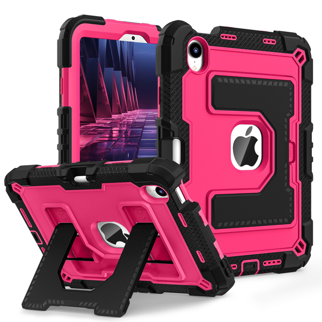 Kickstand Tablet Case for iPad Mini 7 2024 A17 Pro Mini 6 A15 2021 8.3 Inch Pencil Holder Shoulder Strap Silicone for Kids Cover